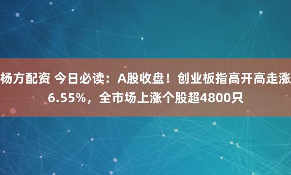 杨方配资 今日必读：A股收盘！创业板指高开高走涨6.55%，全市场上涨个股超4800只